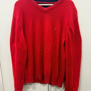 Tommy Hilfiger Red V-Neck Knit Sweater with Chest Logo